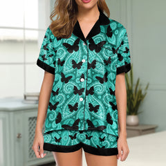 Cyan Paisley Butterfly Women's Pajama Sets Top Sleeve & Short Bottom
