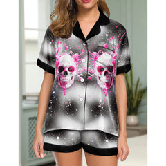 Pink Skull Melting Women's Pajama Sets Top Sleeve & Short Bottom