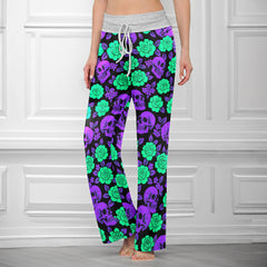 Neon Glowing Skulls Roses Women's High-waisted Wide Leg Pants