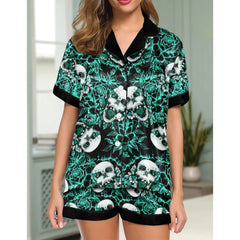 Cyan Skull Floral Women's Pajama Sets Top Sleeve & Short Bottom