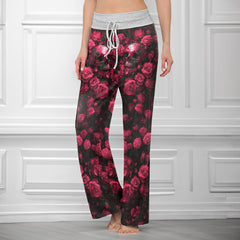 Pink Skull Rose Artwork Women's High-waisted Wide Leg Pants