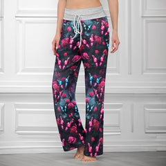 Neon Butterfly Pattern Women's High-waisted Wide Leg Pants