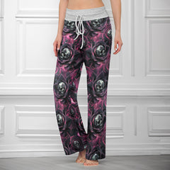 Skull Rose Abstract Pattern Women's High-waisted Wide Leg Pants