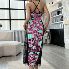 Neon Bloom Skull Pattern Lace Cami Sleepwear