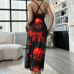 Red Grunge Skull Art Women's Lace Cami Sleepwear
