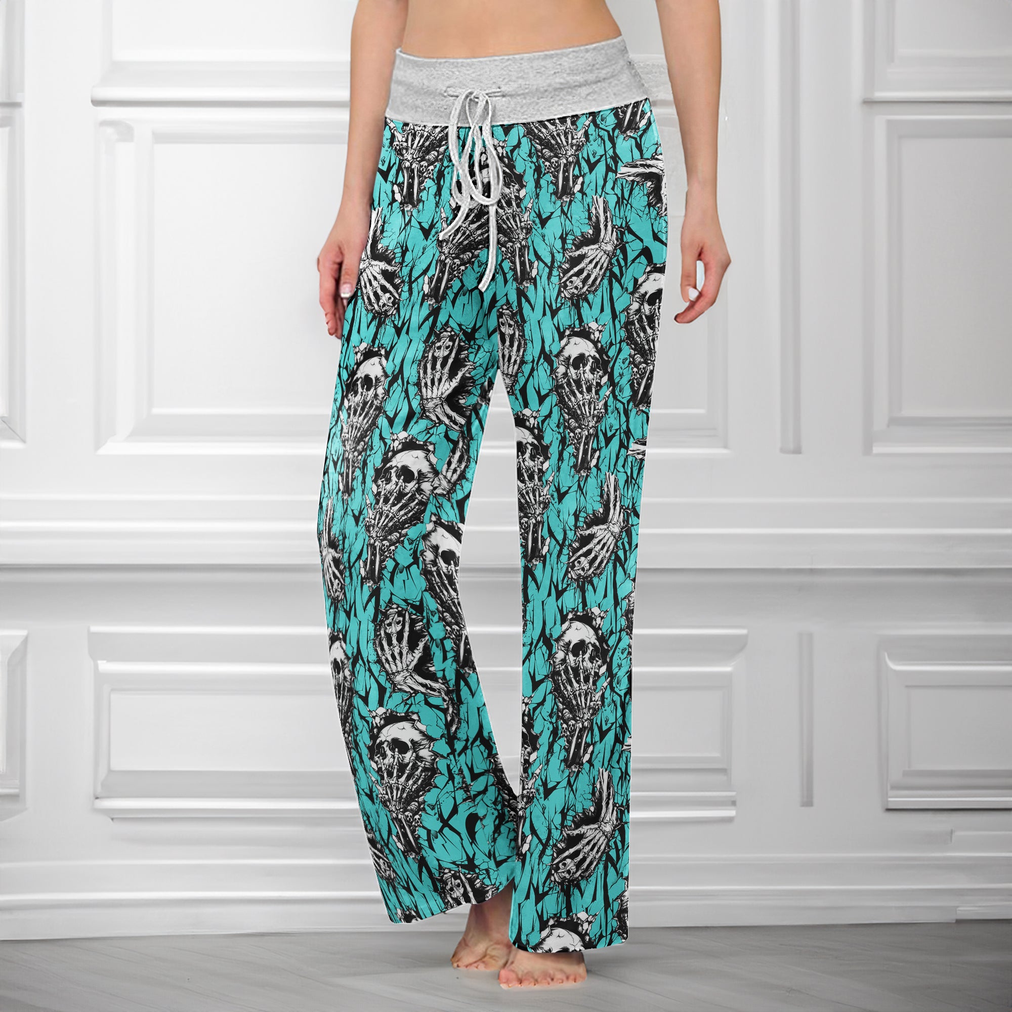 Cyan Skull Pattern Women's High-waisted Wide Leg Pants | Wonder Skull