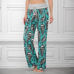 Cyan Skull Pattern Women's High-waisted Wide Leg Pants | Wonder Skull