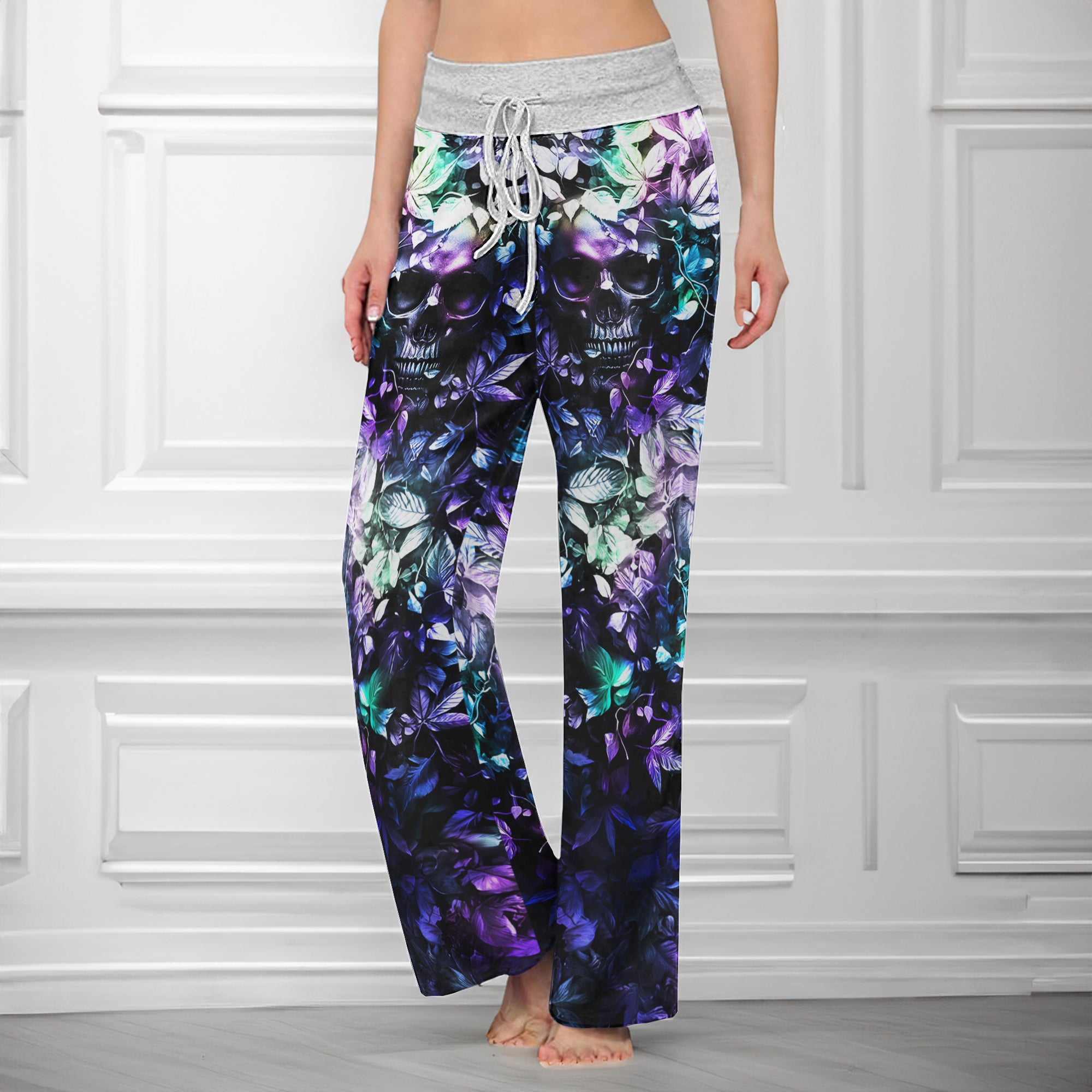Abstract Skull Leaf Women's High-waisted Wide Leg Pants | Wonder Skull