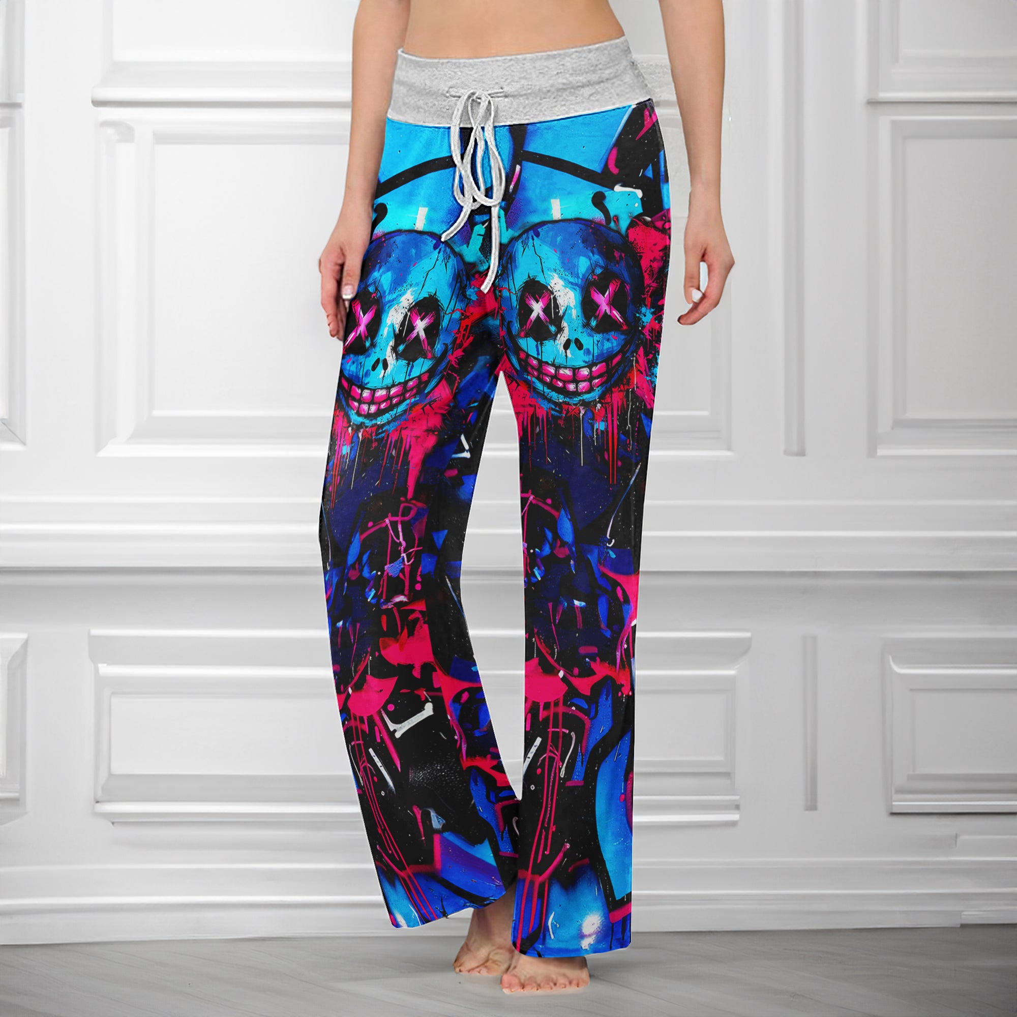 Blue Scary Graffiti Art Women's High-waisted Wide Leg Pants | Wonder Skull