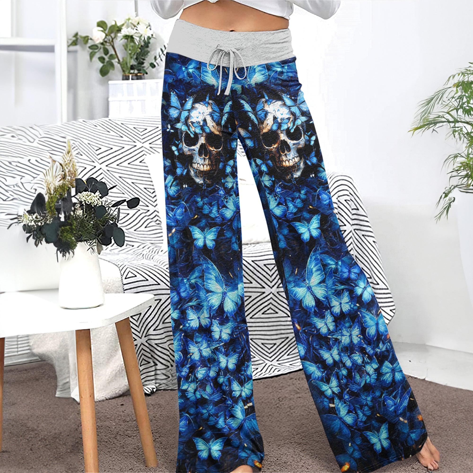 Blue Skull Butterfly Women's High-waisted Wide Leg Pants | Wonder Skull