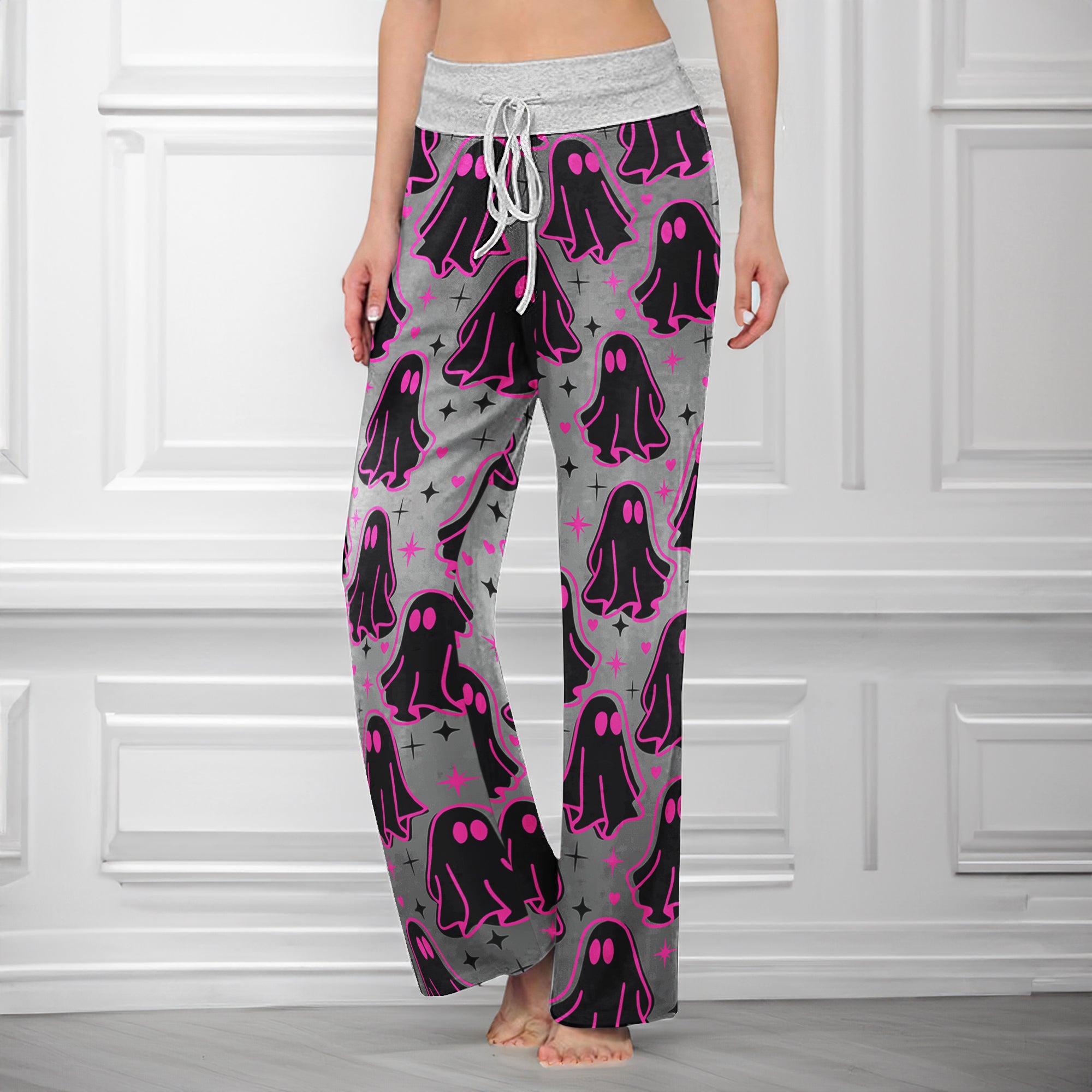 Pink Boo Pattern Women's High-waisted Wide Leg Pants | Wonder Skull