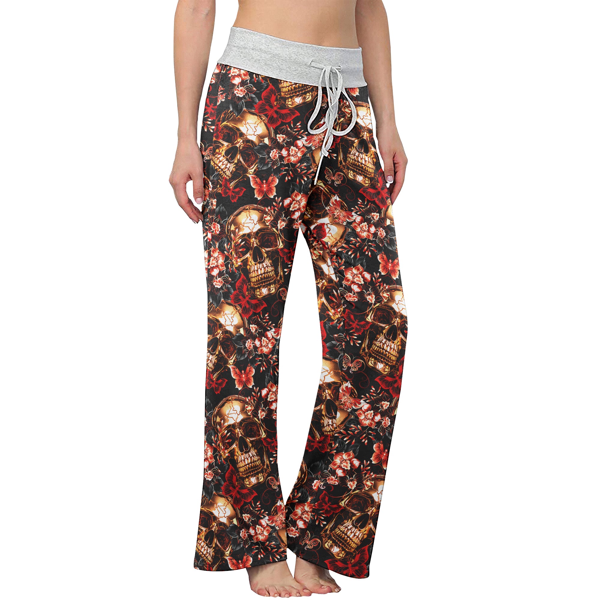 Skull Gold Abstract Art Women's High-waisted Wide Leg Pants | Wonder Skull