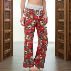 Red Skull Garden Pattern Women's High-waisted Wide Leg Pants