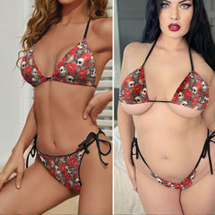 Vintage Red Peony Skull Micro Triangle Bikini Swimsuit