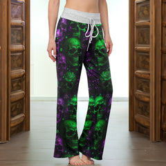 Violet Green Skull Pattern Women's High-waisted Wide Leg Pants