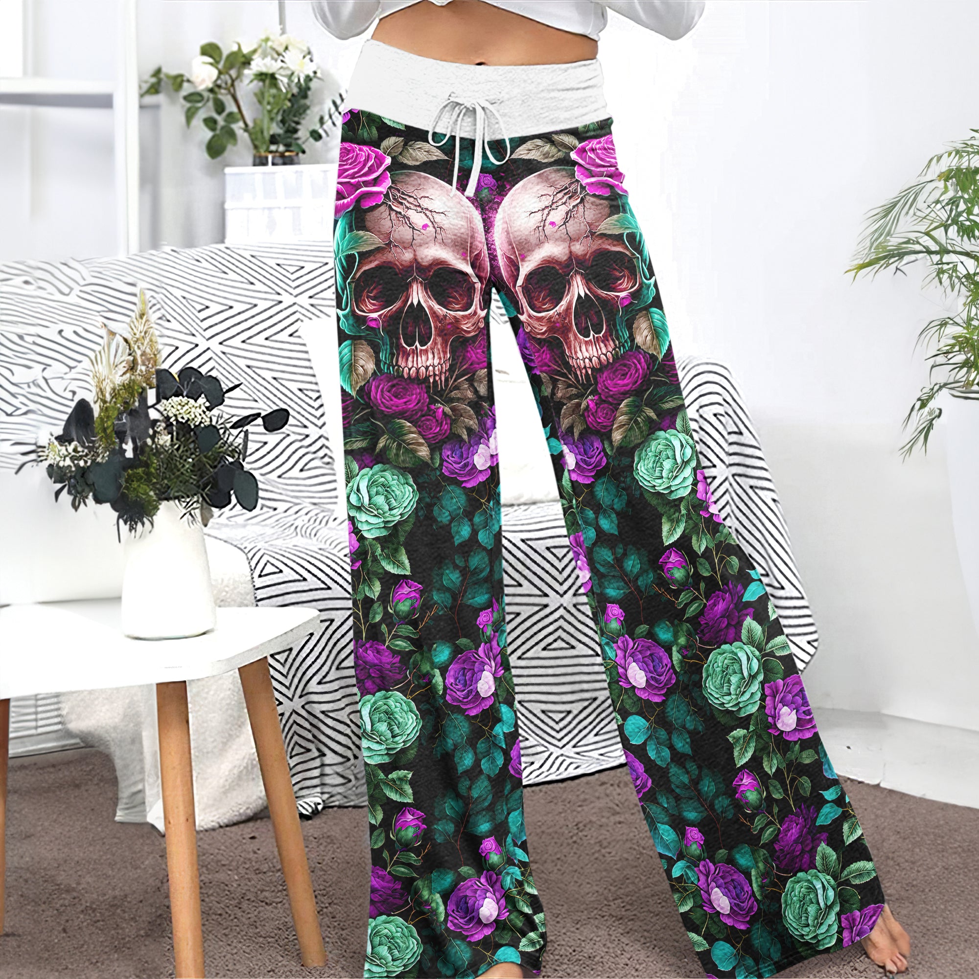 Purple Skull Flower Women's High-waisted Wide Leg Pants | Wonder Skull