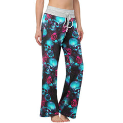 Cyan Skull Rose Gothic Women's High-waisted Wide Leg Pants | Wonder Skull
