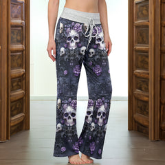 Purple Skull Gothic Women's High-waisted Wide Leg Pants