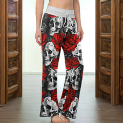 Red Rose Skull Pattern Women's High-waisted Wide Leg Pants