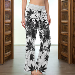 Black Couple Leaf Skeleton Women's High-waisted Wide Leg Pants