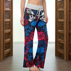 Rebel Rose Skull Pattern Women's High-waisted Wide Leg Pants