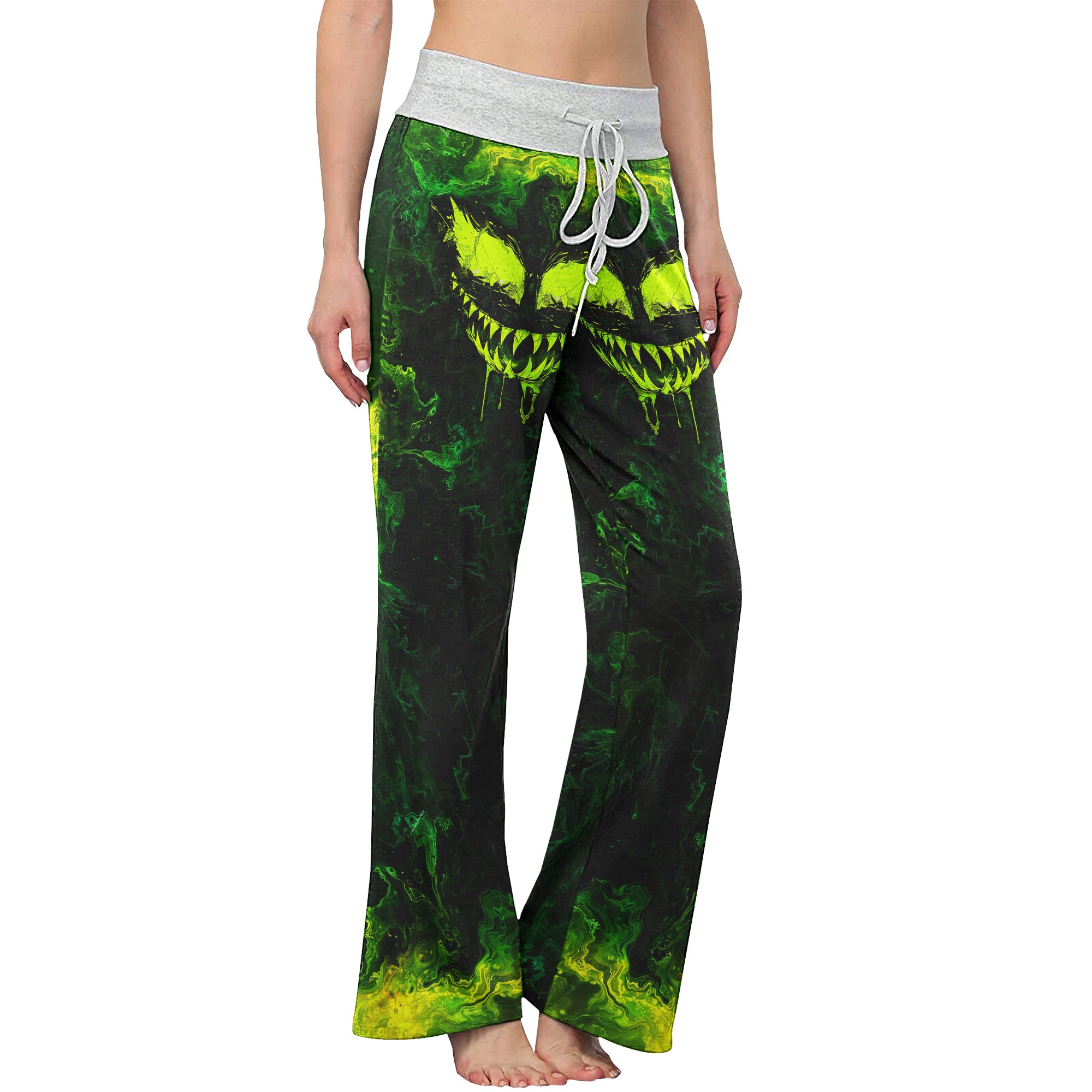 Green Abstract Scary Face Women's High-waisted Wide Leg Pants | Wonder Skull