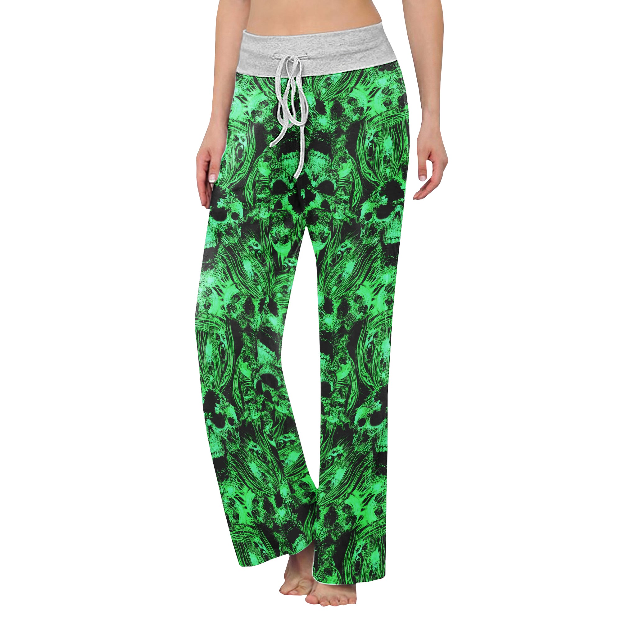 Green Skull Ghost Scared Women's High-waisted Wide Leg Pants | Wonder Skull