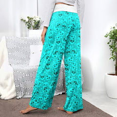 Electric Cyan Skull Pop Women's High-waisted Wide Leg Pants