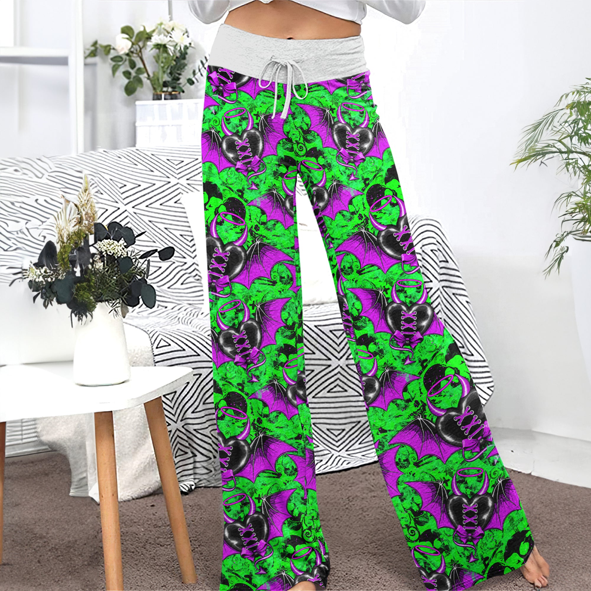 Green Skull Demon Heart Women's High-waisted Wide Leg Pants | Wonder Skull