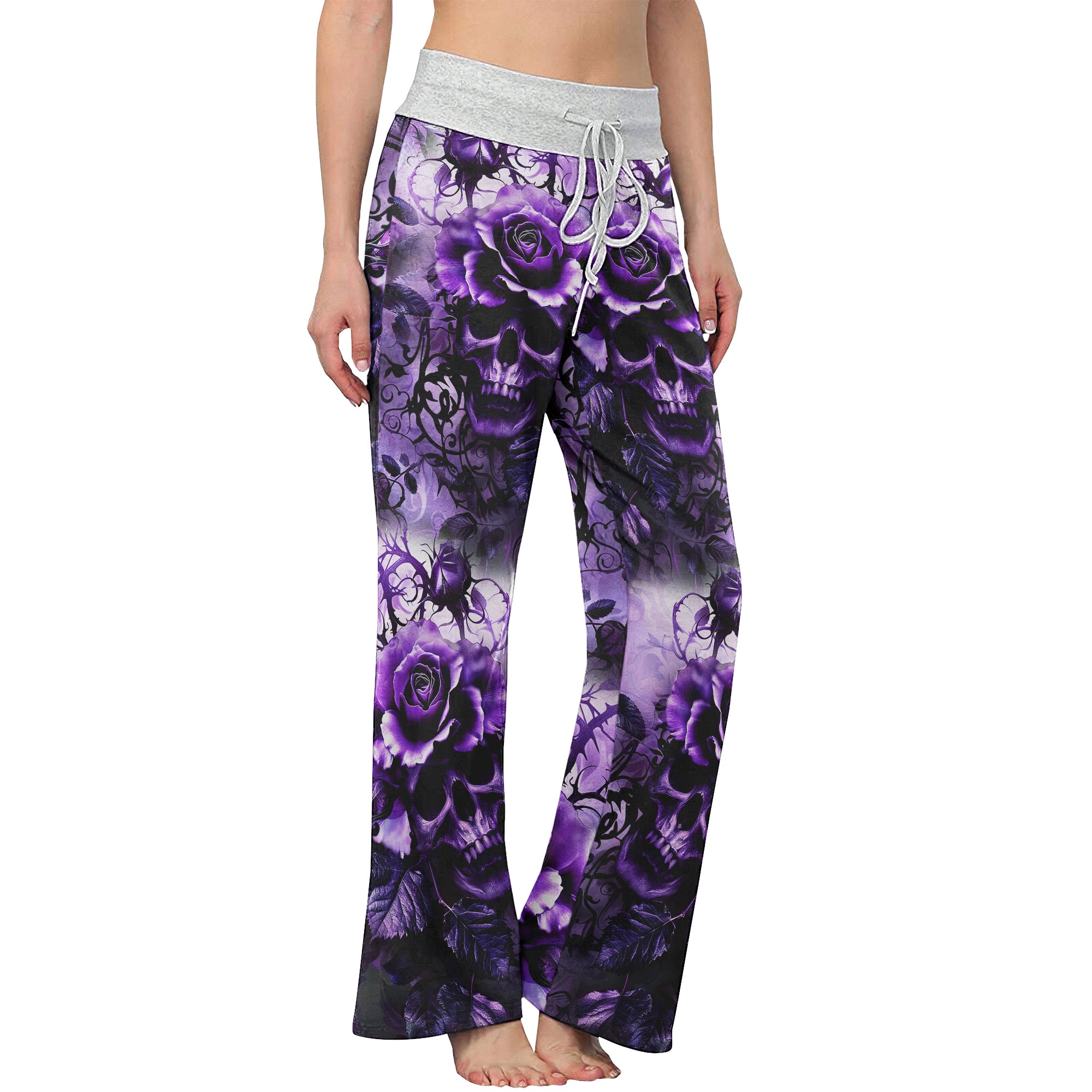 Purple Skull Rose Floral Women's High-waisted Wide Leg Pants | Wonder Skull
