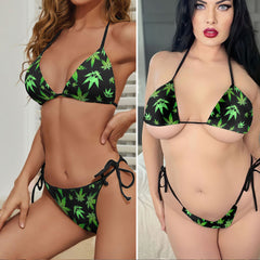Green Skull Leaf Pattern Micro Triangle Bikini Swimsuit