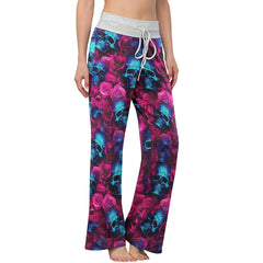 Blue Skull Rose Pink Women's High-waisted Wide Leg Pants | Wonder Skull