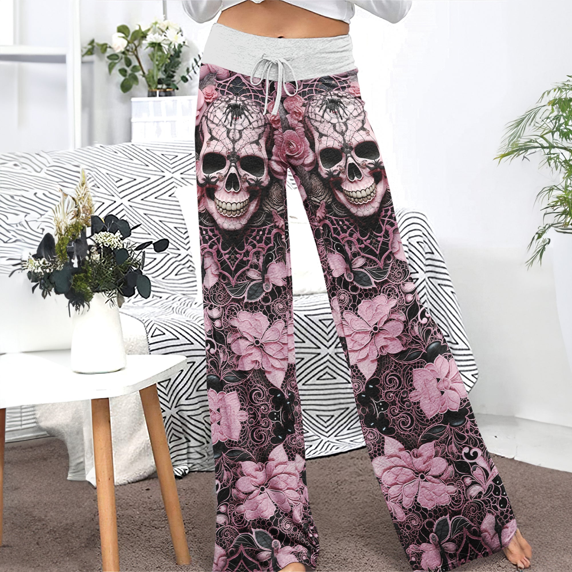 Black Pink Skull Lace Women's High-waisted Wide Leg Pants | Wonder Skull