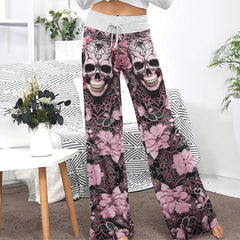 Black Pink Skull Lace Women's High-waisted Wide Leg Pants | Wonder Skull
