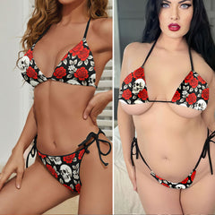 Crimson Requiem Skull Rose Micro Triangle Bikini Swimsuit