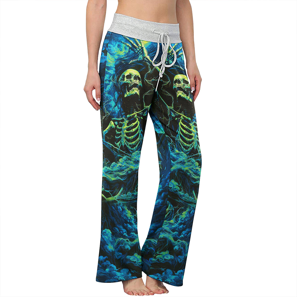 Skull Art Smoke Cyan Women's High-waisted Wide Leg Pants | Wonder Skull