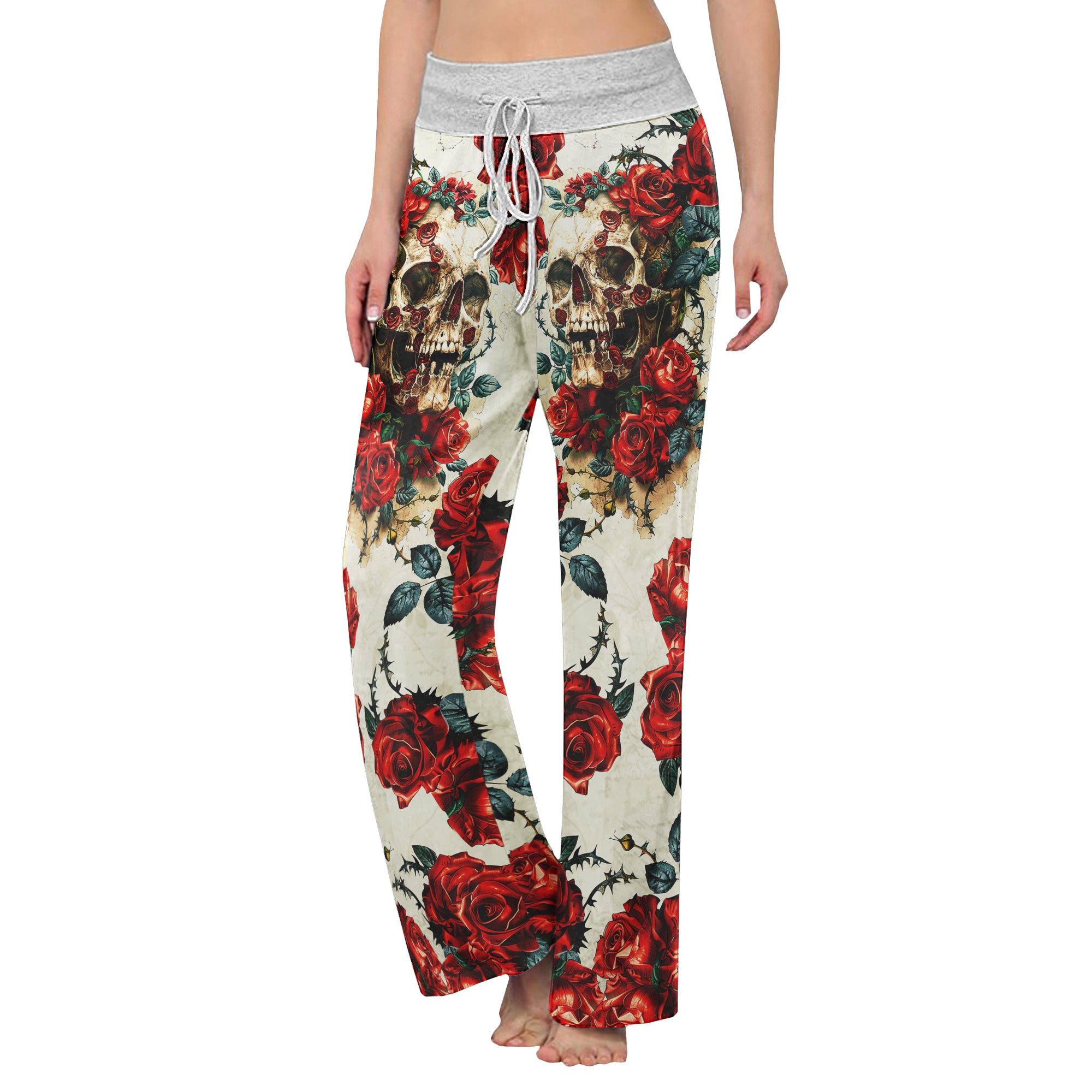 Retro Skull Roses Women's High-waisted Wide Leg Pants | Wonder Skull
