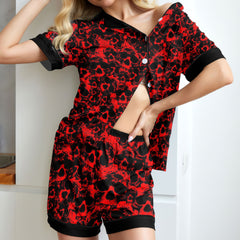 Red Skull Pattern Women's Pajama Sets Top Sleeve & Short Bottom