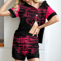 Pink Cartoon Art Women's Pajama Sets Top Sleeve & Short Bottom