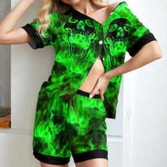 Green Faming Skull Women's Pajama Sets Top Sleeve & Short Bottom