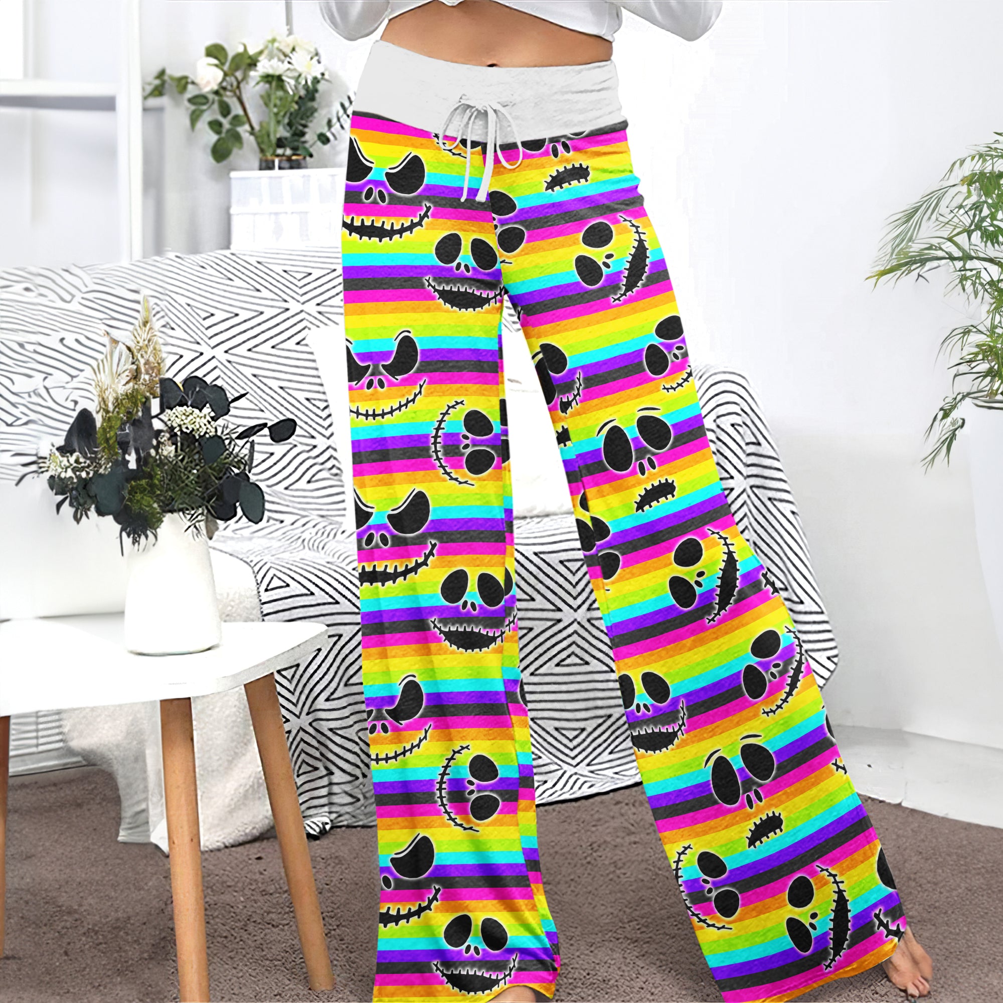 Purple Skull Flower Women's High-waisted Wide Leg Pants | Wonder Skull