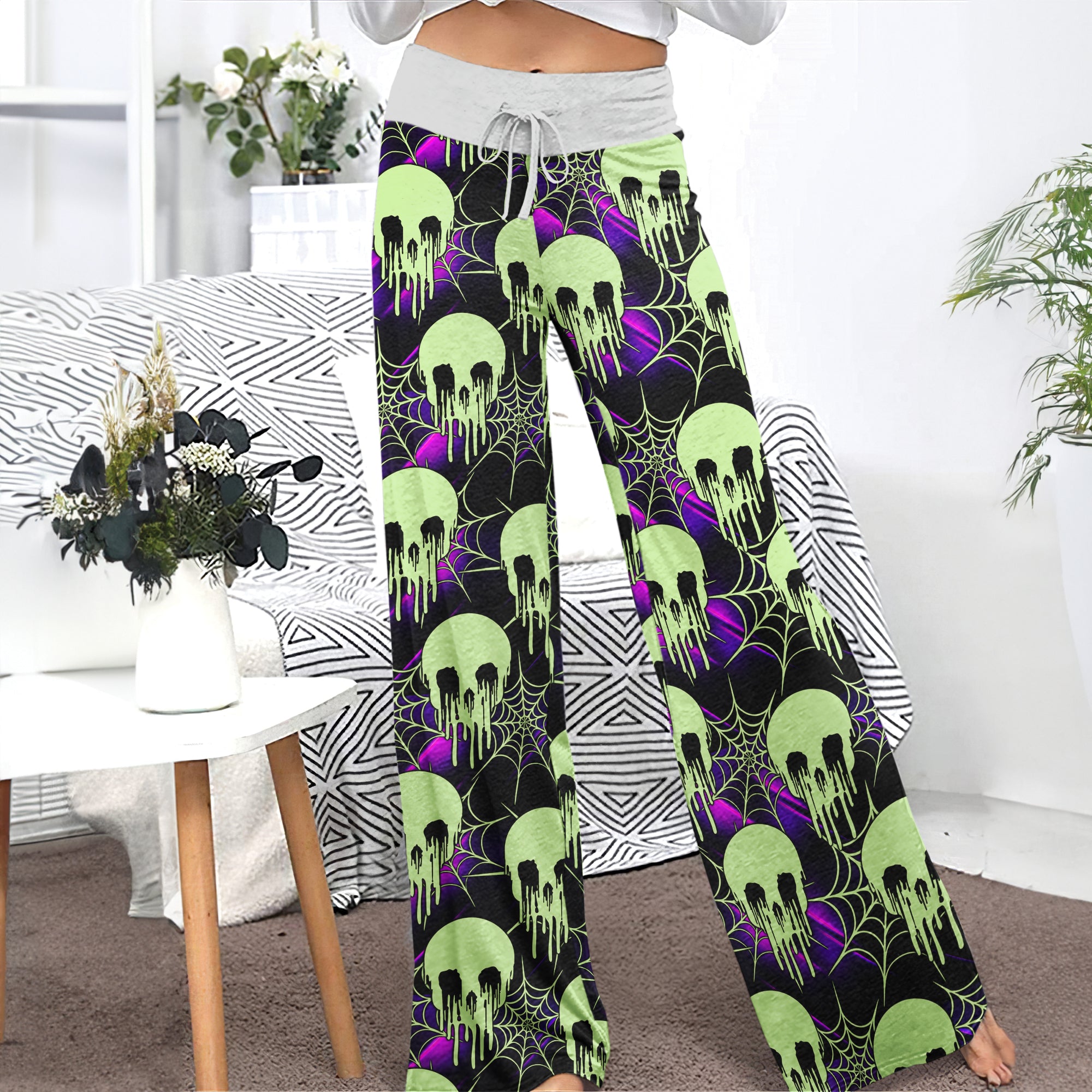Green Skull Melting Women's High-waisted Wide Leg Pants | Wonder Skull
