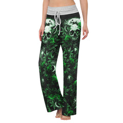 Green Skull Canabis Women's High-waisted Wide Leg Pants | Wonder Skull