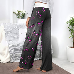 Stitched Violet Skull Pattern Women's High-waisted Wide Leg Pants