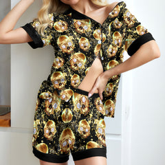 Chic and stylish women's pajama set with unique design prints and statement sleeves, Soft and luxurious fabrics make this pajama set perfect for bedtime or lounging at home.