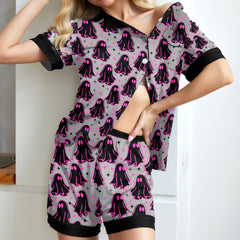 Pink Boo Pattern Women's Pajama Sets Top Sleeve & Short Bottom