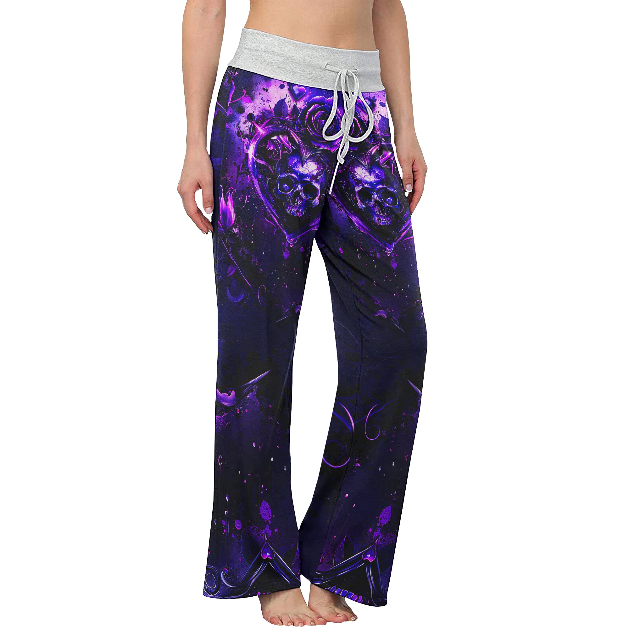 Purple Skull Flower Gothic Women's High-waisted Wide Leg Pants | Wonder Skull