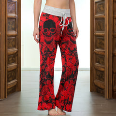 Red Neon Skull Rose Women's High-waisted Wide Leg Pants