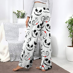 White Pajama Pants Print Drawstring Palazzo Lounge Pants Wide Leg