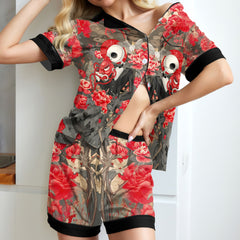 Masked Skeleton Flower Art Women's Pajama Sets Top Sleeve & Short Bottom